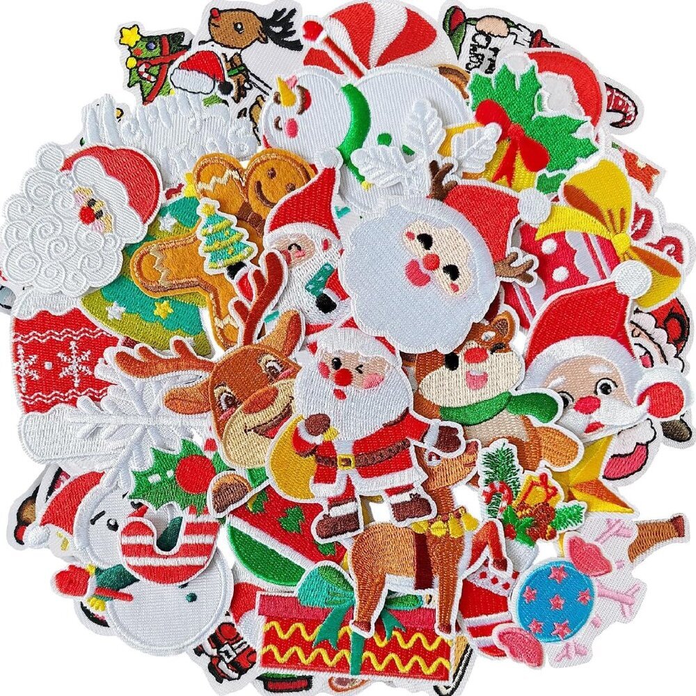 60PCS Random Christmas Iron on Patches, Embroidered Iron on/Sew on Patches Xmas